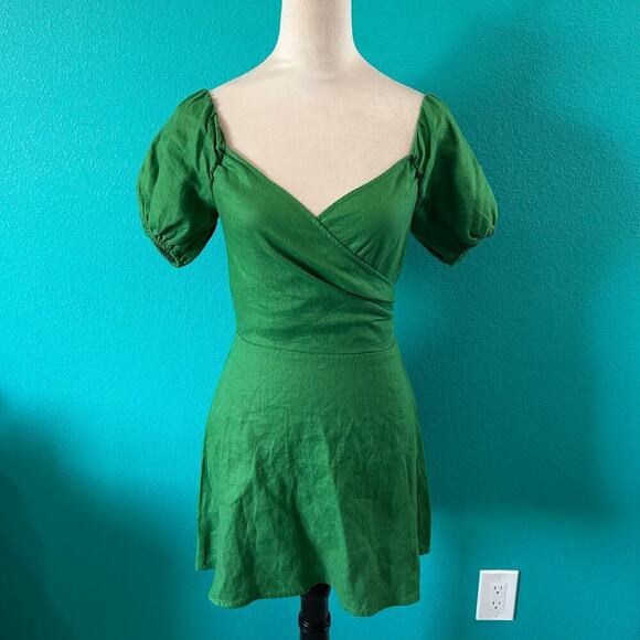 Reformation Bowie Off the Shoulder Dress Green Linen Mini Party Cocktail Sz 0 - Picture 2 of 6